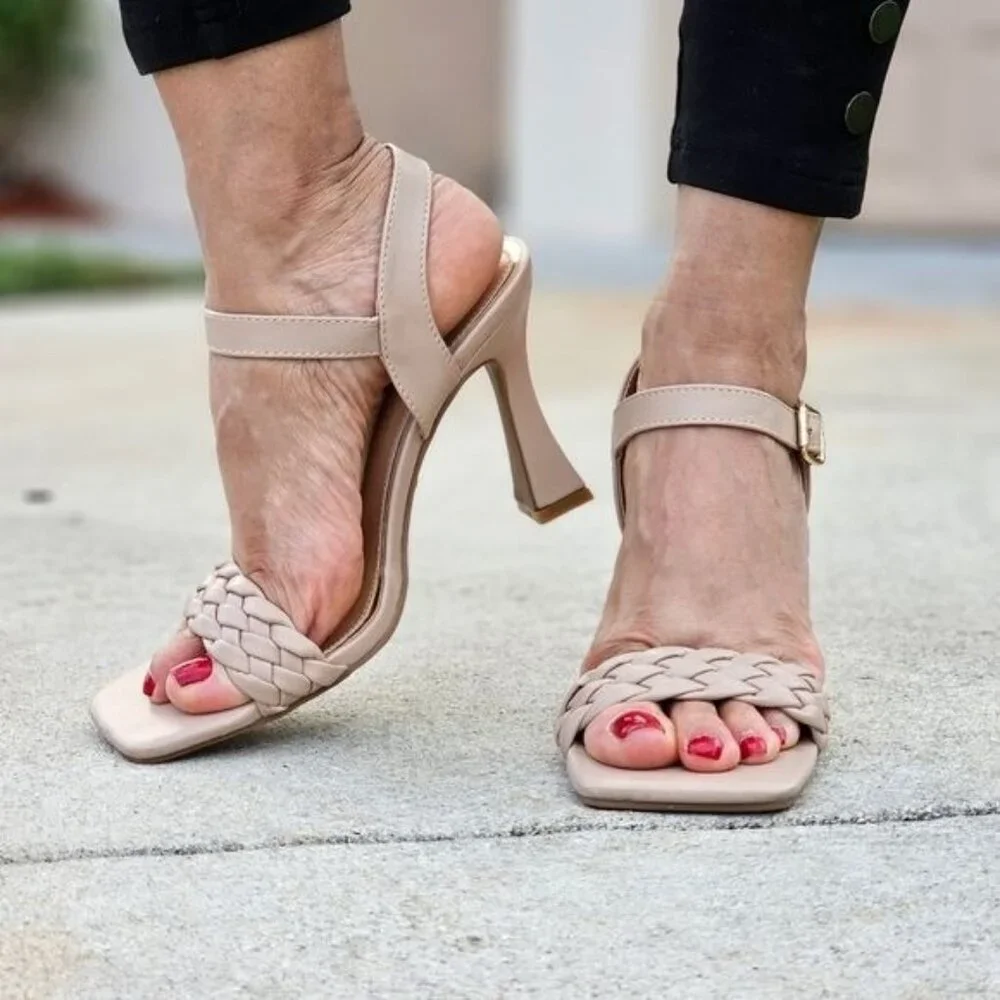 Elegant Nude Square Open Toe Sandals Women’s Braided Ankle Strap - Picture 4 of 5